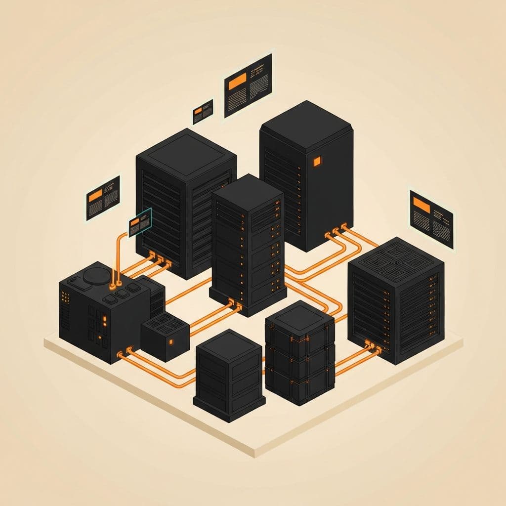 Isometric view of AI infrastructure with server racks and data pipelines
